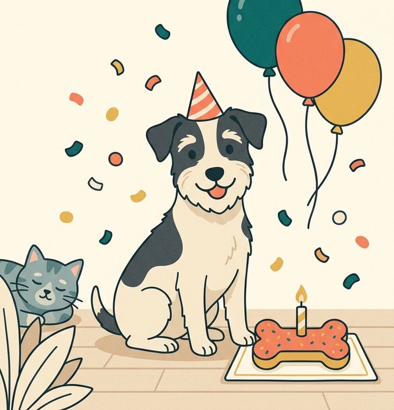 Illustration: a terrier in a party hat next to a bone-shaped birthday treat