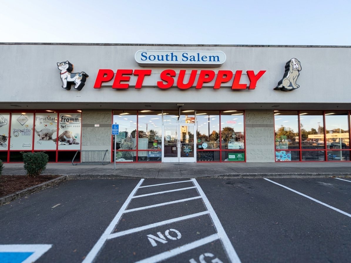 The South Salem Pet Supply storefront: big red “Pet Supply” letters under a blue “South Salem” sign